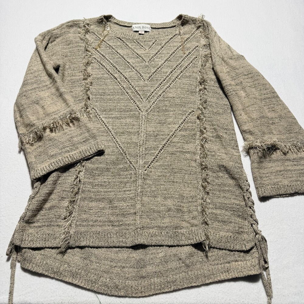 Knox Rose Medium Beige Acrylic Polyester Sweater with Fringe Detail
